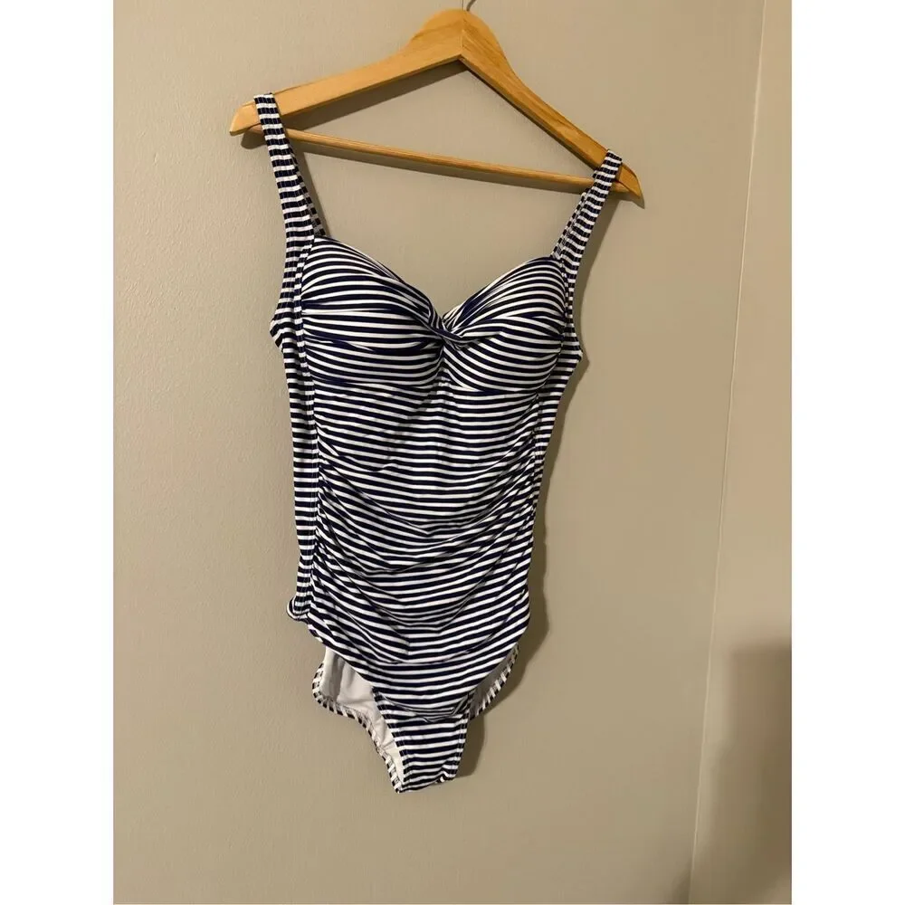 Niptuck Women's 10 Twist Front One Piece Swimsuit Blue Sorrento Stripe Nautical